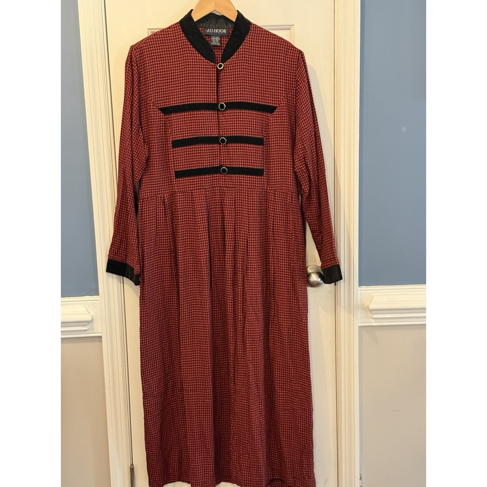 Vintage J Hook Red Buffalo 90sMaxi Dress Size 16 Velvet Collar & Buttons Classic